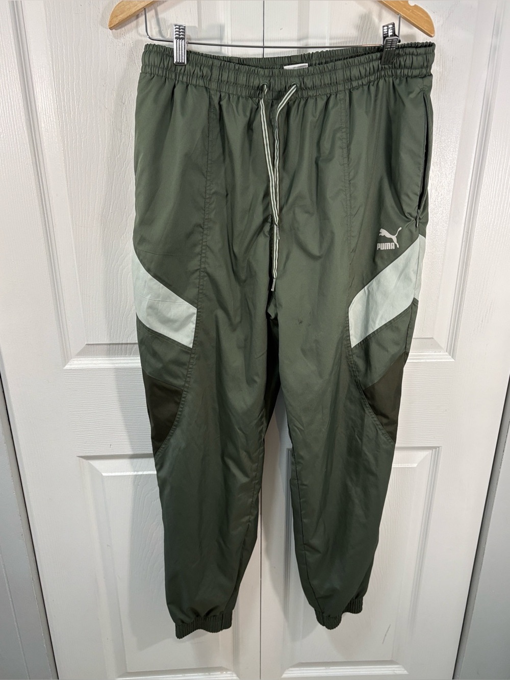 Puma Olive Green Men’s Track Joggers with Light Panelsm